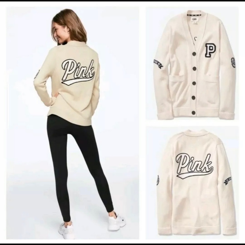 VS PINK💕RARE/HTF VARSITY LOGO CARDIGAN SWEATER L